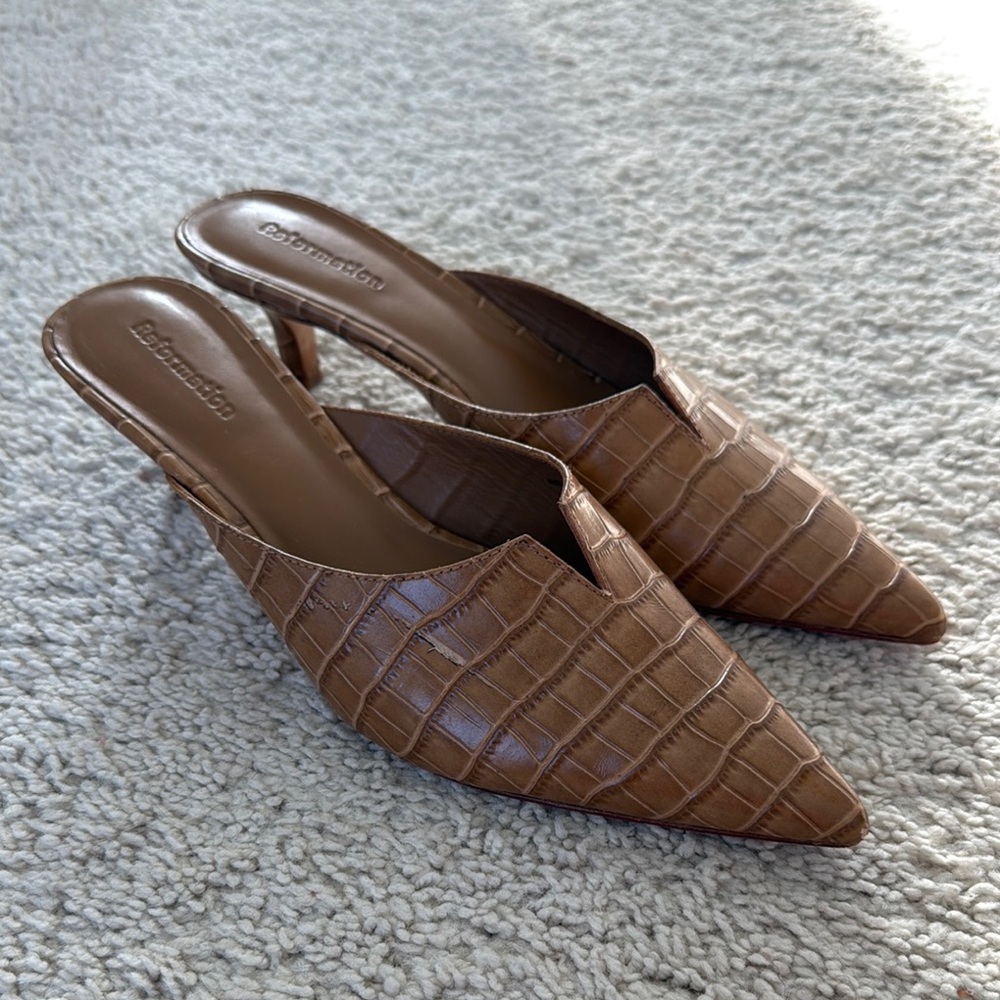 Reformation Brown Croc-Embossed Women's Mules